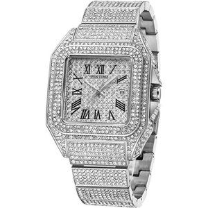 Men's Iced Out Bling Crystal Watch Luxury Diamond Bracelet Watch Big Face Square